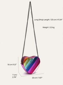CEZIRA CEZIRA Heart Decor Double Handle Purse Elegant Solid Color Handbag Women's Zipper Shoulder Bag For Work Novelty Heart Shape Purse Contrast Color Rainbow Stripe Women PU Vegan Leather Shoulder Bags Long Chain Cross Body Handbags, Fashionable Rainbow Bag, Fashionable Colorful Purse For Women, Fashionable Heart Purse, Perfectly Match With Valentine's Day Dress