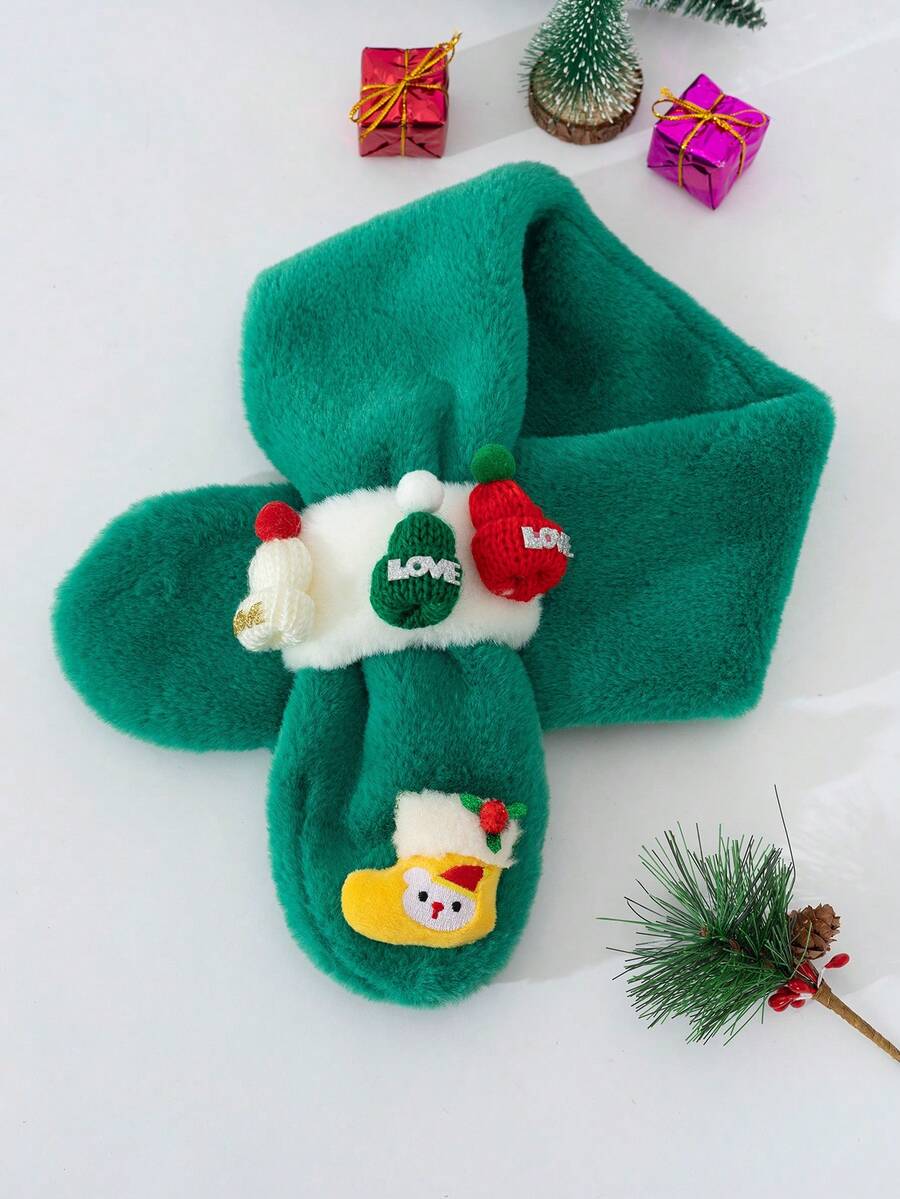 1pc Green Christmas Warm Fluffy Sheepskin Cartoon Scarf With Windproof Plush Neck Warmer Suitable For Christmas Gift - Multicolor - View 1