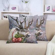 2pcs Christmas Themed Linen Square Pillowcases With Deer Print (pillow Core Not Included) - Chocolate Brown - View 6