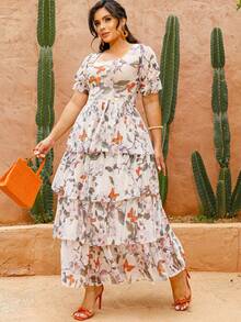 Vestido Largo Falda En Capas Tul Estampado Floral Moda Modesta Cresta Elegante - Blanco - Ver 2