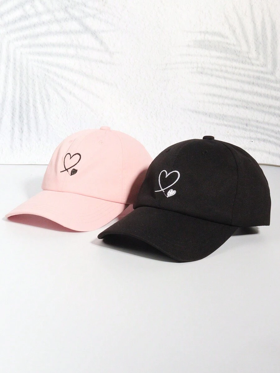 2pcs/set Couple Adjustable Baseball Cap With Hollow & Solid Heart Embroidery - Multicolor - View 1