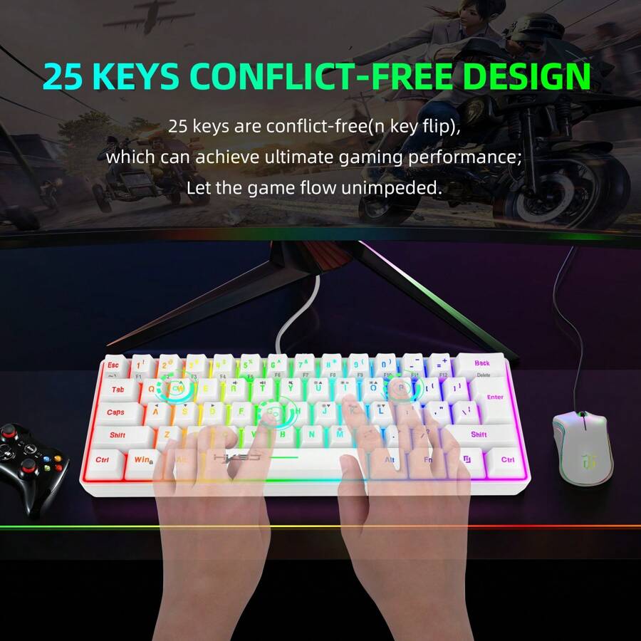 HXSJ Hxsj V700 White 61Key Rgb Backlit Gaming Membrane Keyboard
