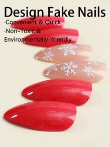 24PCS Christmas Red Almond Shaped Fake Nails Winter Shiny snowflakes and solid color fake nails collide to design Press on Nails Almond No Fade Out  Reusable Fake Nails  for Women and Girls - Multicolor - View 4