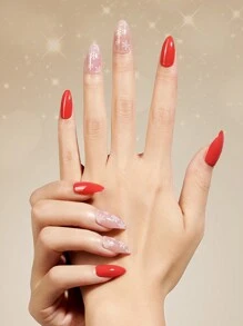 24PCS Christmas Red Almond Shaped Fake Nails Winter Shiny snowflakes and solid color fake nails collide to design Press on Nails Almond No Fade Out  Reusable Fake Nails  for Women and Girls - Multicolor - View 1