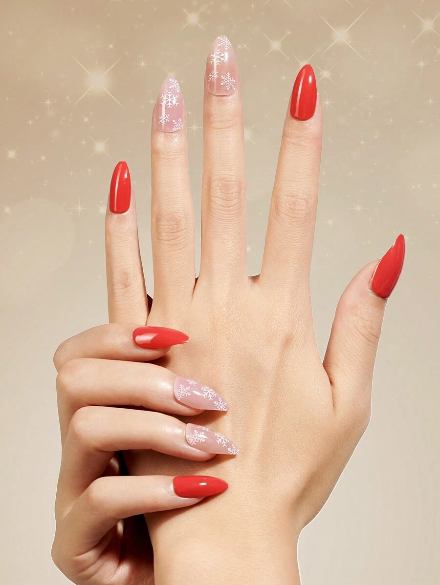 24PCS Christmas Red Almond Shaped Fake Nails Winter Shiny snowflakes and solid color fake nails collide to design Press on Nails Almond No Fade Out  Reusable Fake Nails  for Women and Girls - Multicolor - View 1