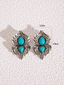 1 Par De Pendientes De Estilo Bohemio Vintage De Aleación Antigua Con Turquesa Verde - Plateado - Ver 6