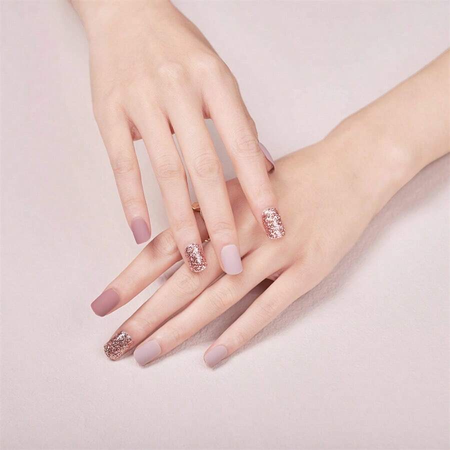 fengshangmei 30pcs Ngắn Hình vuông Mờ Màu hồng Móng giả Bộ ( 12 cái Màu hồng Mờ + 12 cái Ánh sáng Màu hồng Mờ + 6 cái Vàng lấp lánh Ánh sáng lung linh ) - Nhiều màu - Xem 1