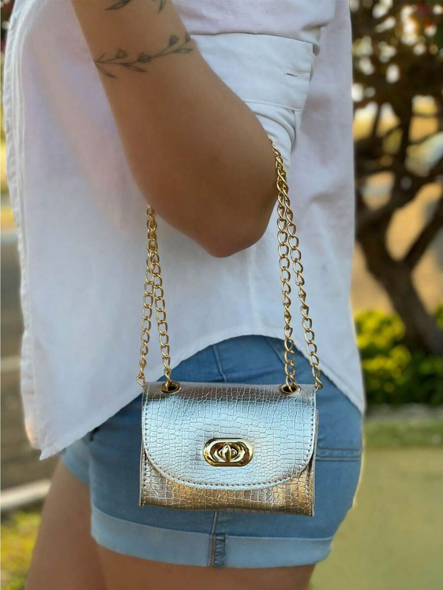 Mini Bolsa Bag Bloqueira Feminina Luxo Croco Metalizado Moda Feminina Bag Corrente