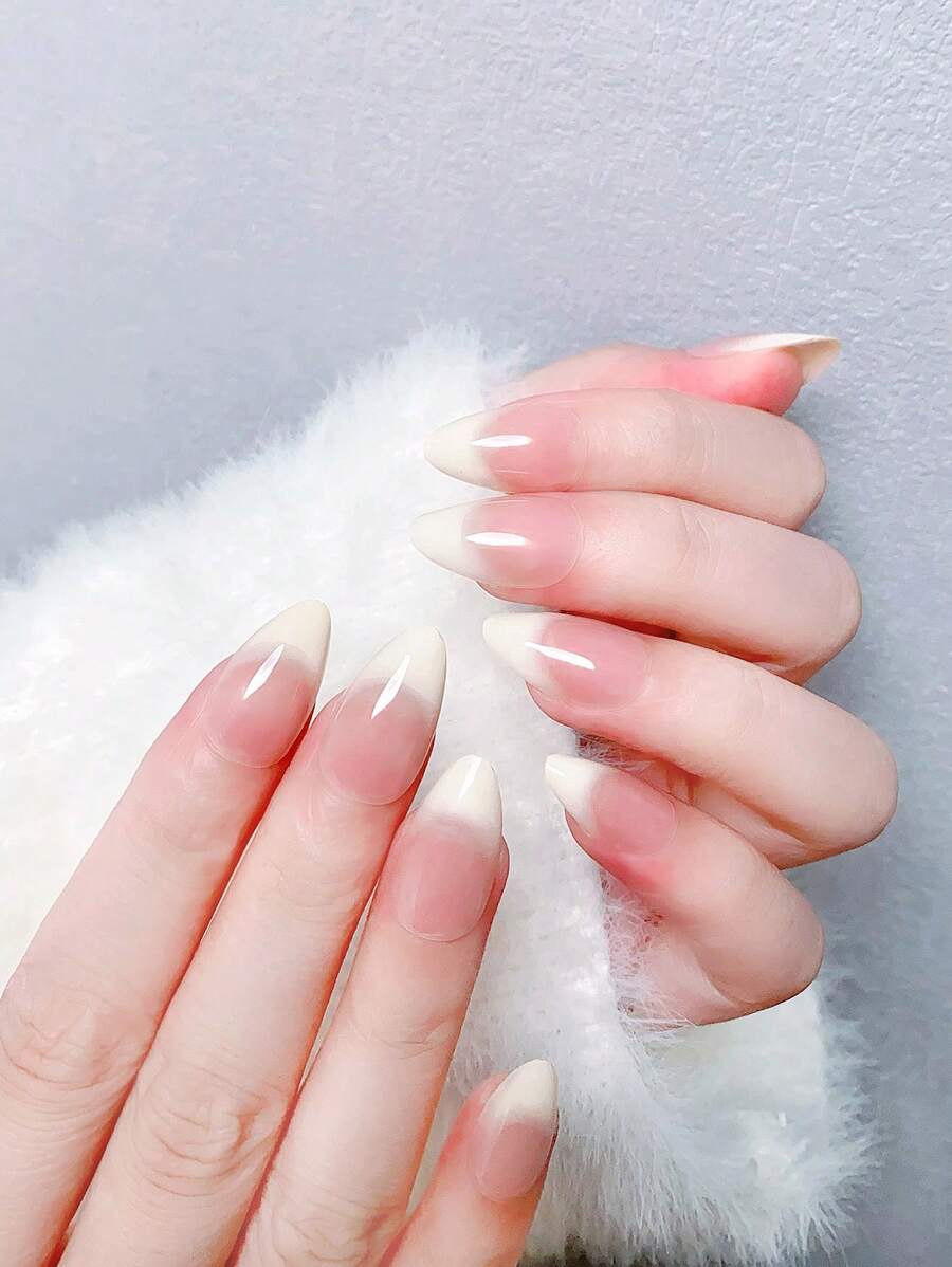 24入組短杏仁形甜美粉色漸層法式假指甲,附1個指甲梳和1個凝膠指甲貼片 - 彩色 - 查看 1