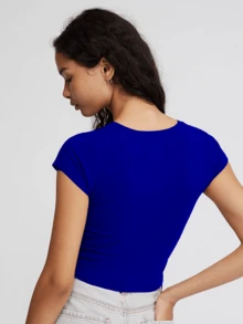 Women's Basic Short Sleeve Fitted Blouse - Blue - View 2