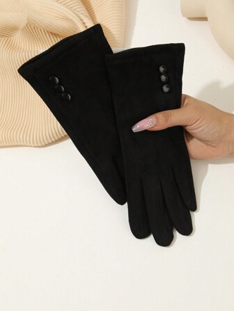 1 双经典女士冬季手套，绒面革面料，带保暖内衬和三个按钮，兼容触摸屏，非常适合散步、户外活动、骑自行车、驾驶，适合秋冬季