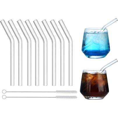 8pcs Short Bent Glass Straws, 6 Inches X 10mm Reusable Transparent Glass Drinking Straws, Perfect For Coffee, Soda, With Cleaning Brush, Kitchen, Christmas Gift,School Supplies