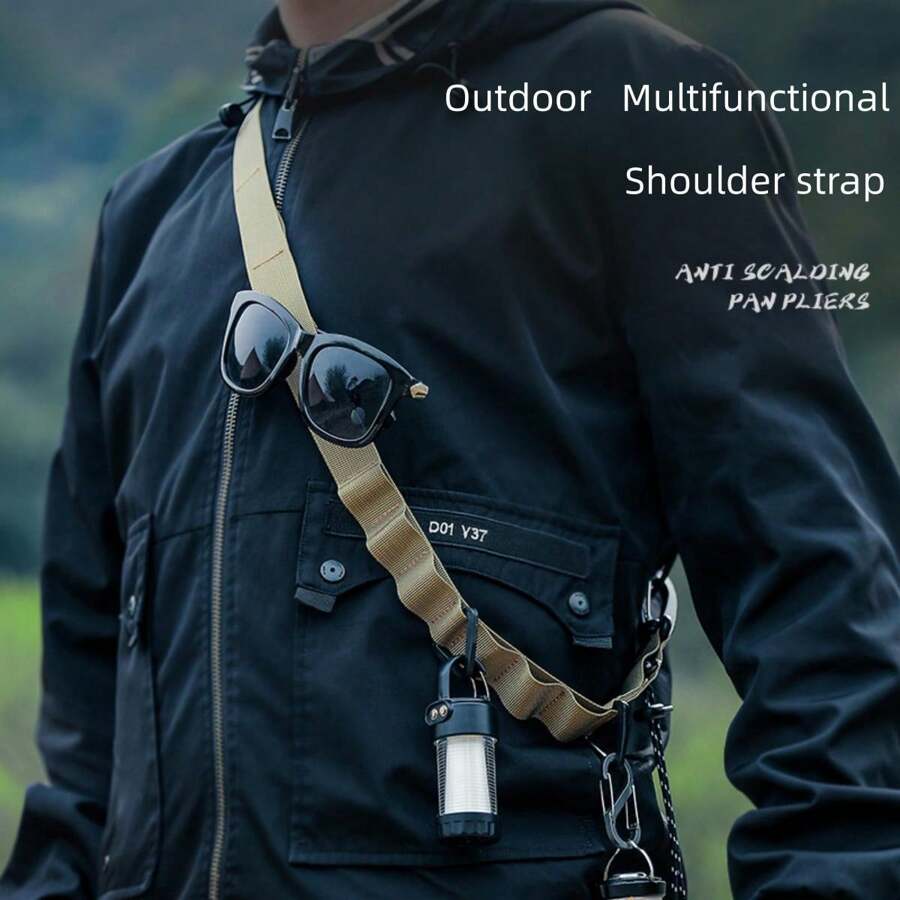 1條卡其色多功能戶外掛繩,帶有黑色收納帶,24個孔,適用於帳篷掛和收納 - 卡其色 - 查看 1