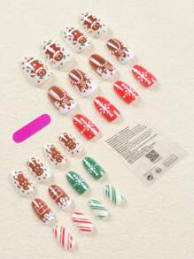 24 Piezas Uñas Postizas Portátiles En Forma De Almendra Corta, Diseño De Muñeco De Pan De Jengibre De Dibujos Animados De Edición Limitada De Navidad Pintado A Mano En Color Rojo Y Verde Para Uso Diario. - Multicolor - Ver 3