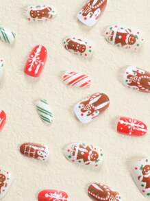 24 Piezas Uñas Postizas Portátiles En Forma De Almendra Corta, Diseño De Muñeco De Pan De Jengibre De Dibujos Animados De Edición Limitada De Navidad Pintado A Mano En Color Rojo Y Verde Para Uso Diario. - Multicolor - Ver 2