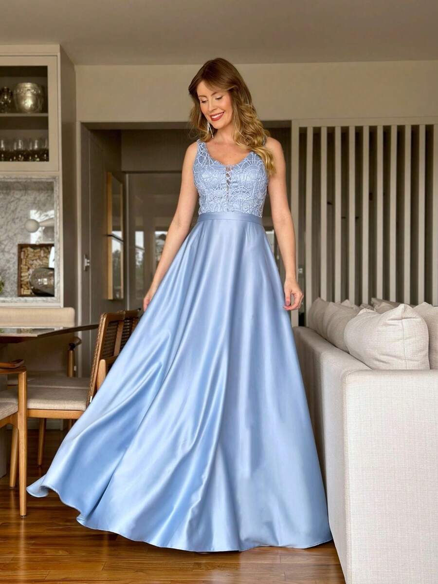 Vestido Largo De Fiesta De Tirantes Sofia Azul Serenety / Azul Celeste / Azul Claro Con Cuerpo Bordado De Tul -boda-damas De Honor-invitada A La Boda-graduación-fiesta-bordado-paleta De Brillo - Celeste - Ver 1