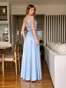 Vestido Largo De Fiesta De Tirantes Sofia Azul Serenety / Azul Celeste / Azul Claro Con Cuerpo Bordado De Tul -boda-damas De Honor-invitada A La Boda-graduación-fiesta-bordado-paleta De Brillo - Celeste - Ver 7