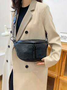 黑色柔軟pu皮革腰包女款臀包,金屬鏈肩背包式女士購物腰包、時尚皮帶包女孩手機包錢包、腰包