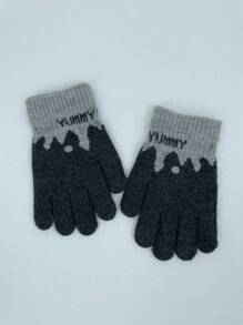 新針織毛紗冬季兒童手套,男孩女孩保暖毛絨內襯五指手套 - 黑色 - 查看 1