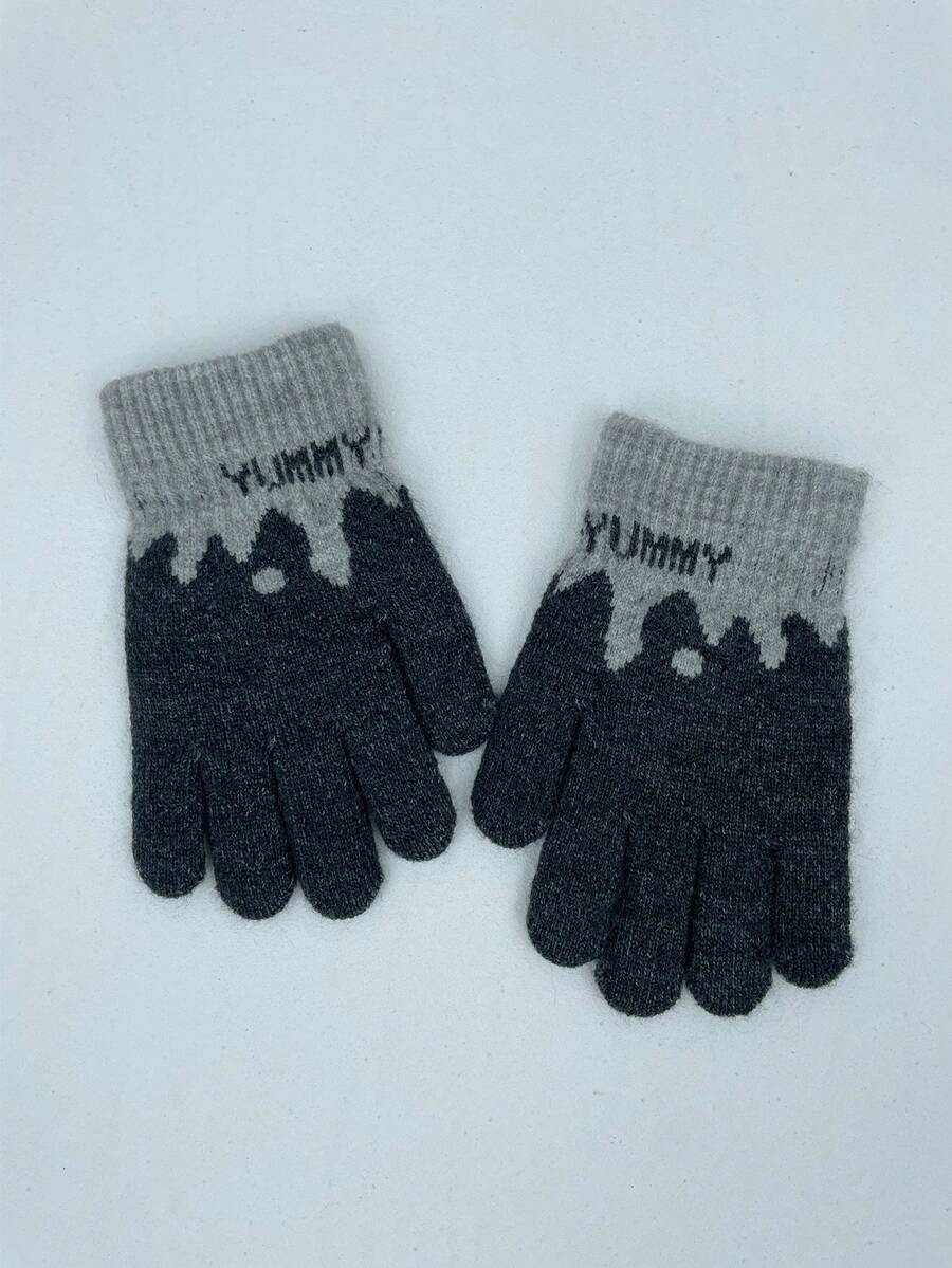 新針織毛紗冬季兒童手套,男孩女孩保暖毛絨內襯五指手套 - 黑色 - 查看 1