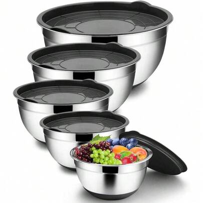 1pc/5pcs, Stainless Steel Mixing Bowls With Lids, Salad Mixing Bowls Set With Non-Slip Silicone Bottom, For Food Storage, Meal Prep, Salad And More, Kitchen Gadgets, Kitchen Accessories, 5PCS: 7QT / 3.5QT / 2.5QT / 1.5QT / 1QT, 3PCS: 7QT / 4.5QT / 3QT Seafood Boil