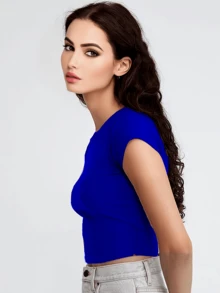Women's Basic Short Sleeve Fitted Blouse - Blue - View 3