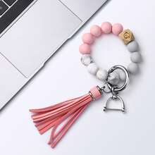 Silicone Wrist Keychain With Pu Leather Tassel Pendant, Diy Beaded Bracelet, Keyring For Women's Accessories