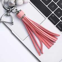 Silicone Wrist Keychain With Pu Leather Tassel Pendant, Diy Beaded Bracelet, Keyring For Women's Accessories