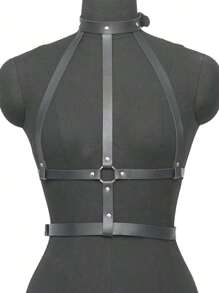 Leather Strap Bra Corset Top, Fashionable Chest Leather Strap Costume Accessory For Women, Sexy Party Wear - Black - View 6