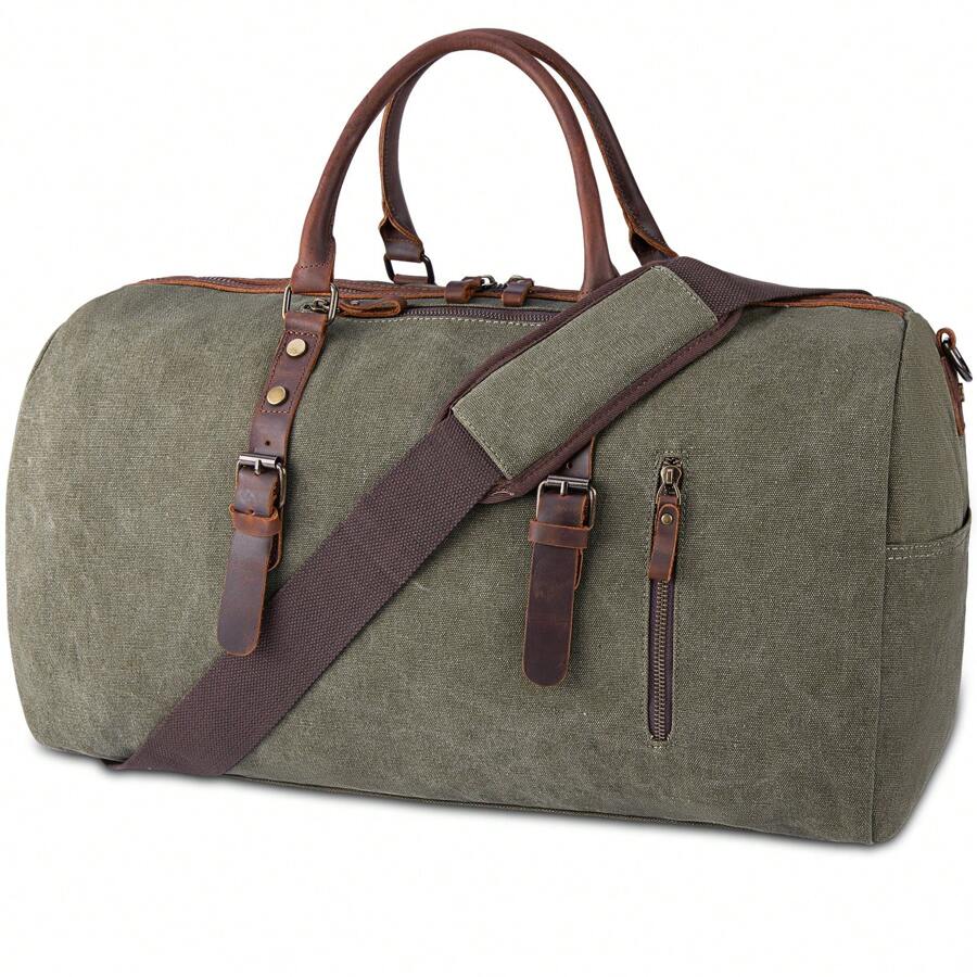 Travel Bag Men Canvas Leather Weekender Men Large Unisex Vintage Sports Bag Duffle Bag Hand Luggage For Women & Men - 綠色 - 查看 1