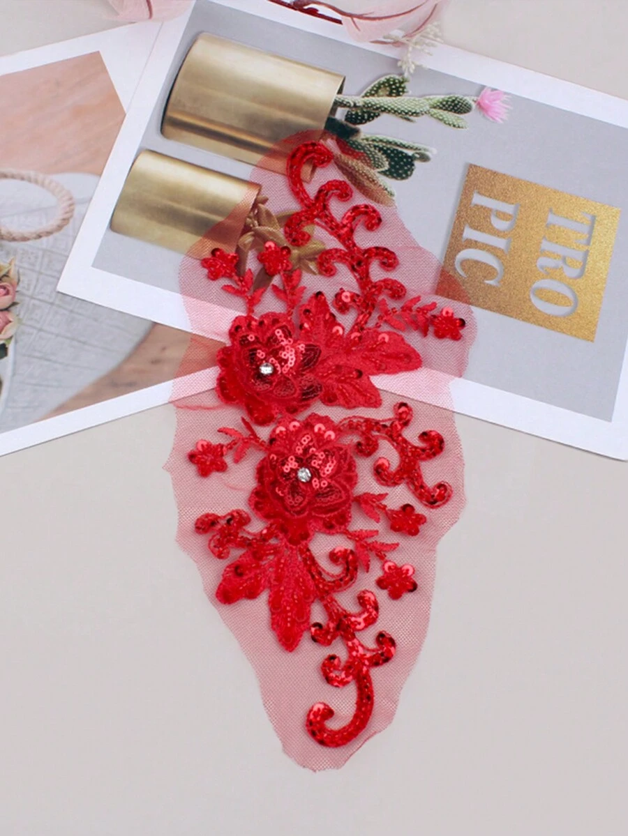 Bnh3757 手工制作 3d 刺繡亮片珠子蕾絲網狀熱轉印花應用於 Diy 服裝裝飾,產品尺寸:長 30 公分,寬 13 公分 - 大紅色 - 查看 1