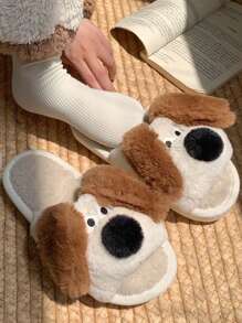 Của phụ nữ Mùa Đông Trong nhà Plush ấm áp Mở ngón chân Giày dép Với Dễ thương Chó Thiết kế - Màu be - Xem 4