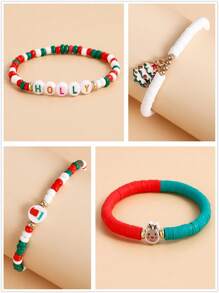 6件套圣诞手链套装，时尚彩虹色聚合物粘土冬青字母水晶串珠圣诞老人、圣诞树、字母和驯鹿装饰手链首饰套装，适合女孩佩戴，可作为圣诞礼物送给家人。字母颜色随机，手工制作的聚合物粘土珠子形状、大小和图案随机。 - 彩色 - 查看 3