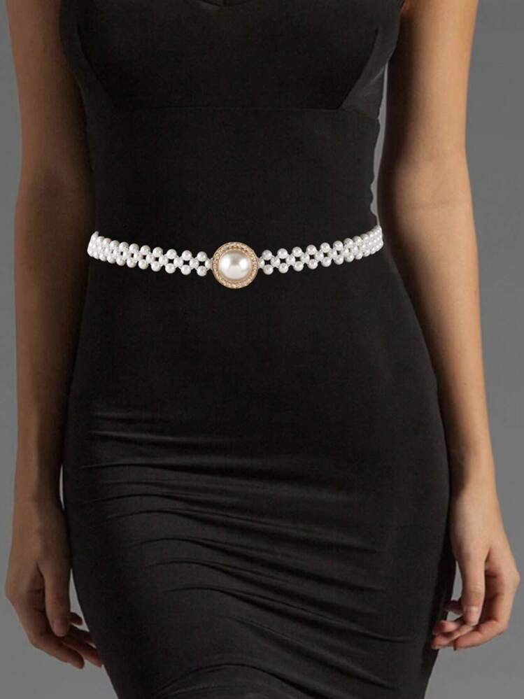 1pc Women Stretch Pearl Belt Adjustable Rhinestones 