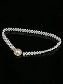 1pc Women Stretch Pearl Belt Adjustable Rhinestones Interlocking Alloy Buckle Elastic Waist Chain For Party  And Wedding Dress Sash Halloween