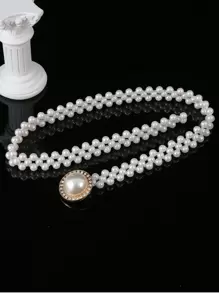 1pc Women Stretch Pearl Belt Adjustable Rhinestones Interlocking Alloy Buckle Elastic Waist Chain For Party  And Wedding Dress Sash Halloween