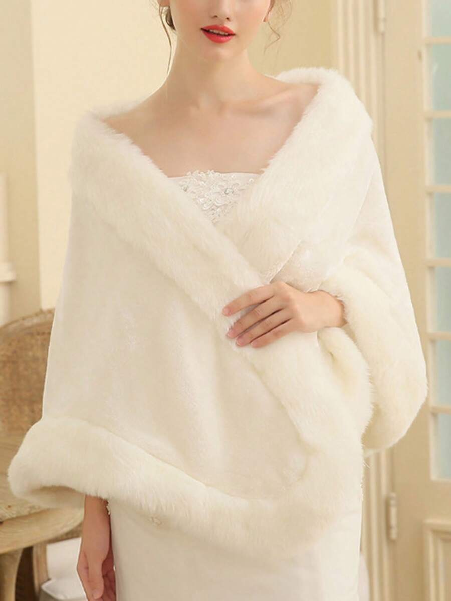 1件女士圍巾女式復古白色絨毛新娘禮服披肩長袖晚禮服披肩公主加厚保暖婚禮外套 - 白色 - 查看 1