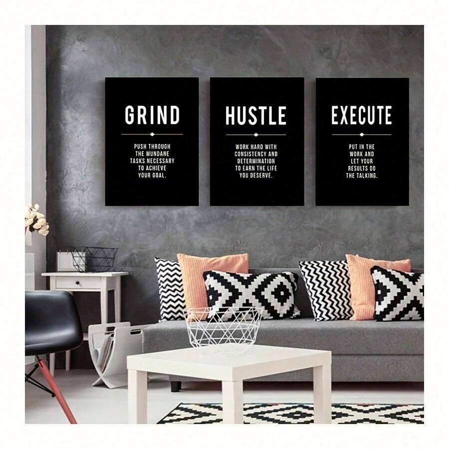 立即購買,限時優惠-3張grind Hustle Success激勵海報和印刷品辦公室裝飾現代藝術企業家激勵油畫圖片無框-免費送貨 - 黑色 - 查看 1