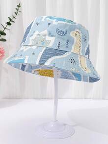 1入組男女兒童恐龍塗鴉風格圖案印花可調節透氣萬用漁夫帽，野外和日常穿著皆宜，隨機剪裁，季節款，兒童禮品