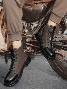 男士時尚休閒皮面鞋帶靴,高筒戶外輕量時尚工作運動鞋,適用於秋冬季節 - 棕色 - 查看 5