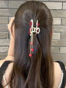 1 件裝毛絨天鵝絨玫瑰花馬尾辮髮夾帶珍珠流蘇女士髮髻髮型 - 白蓮花花卉