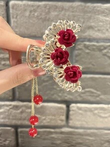 1 件裝毛絨天鵝絨玫瑰花馬尾辮髮夾帶珍珠流蘇女士髮髻髮型 - 白蓮花花卉