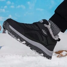 男士冬季加厚保暖户外运动鞋，保暖内衬，厚底，圆头，宽头，减震，可调节绑带，老年人步行鞋 - 黑色 - 查看 9
