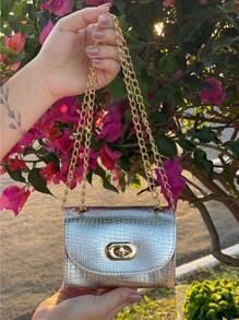 Mini Bolsa Bag Bloqueira Feminina Luxo Croco Metalizado Moda Feminina Bag Corrente