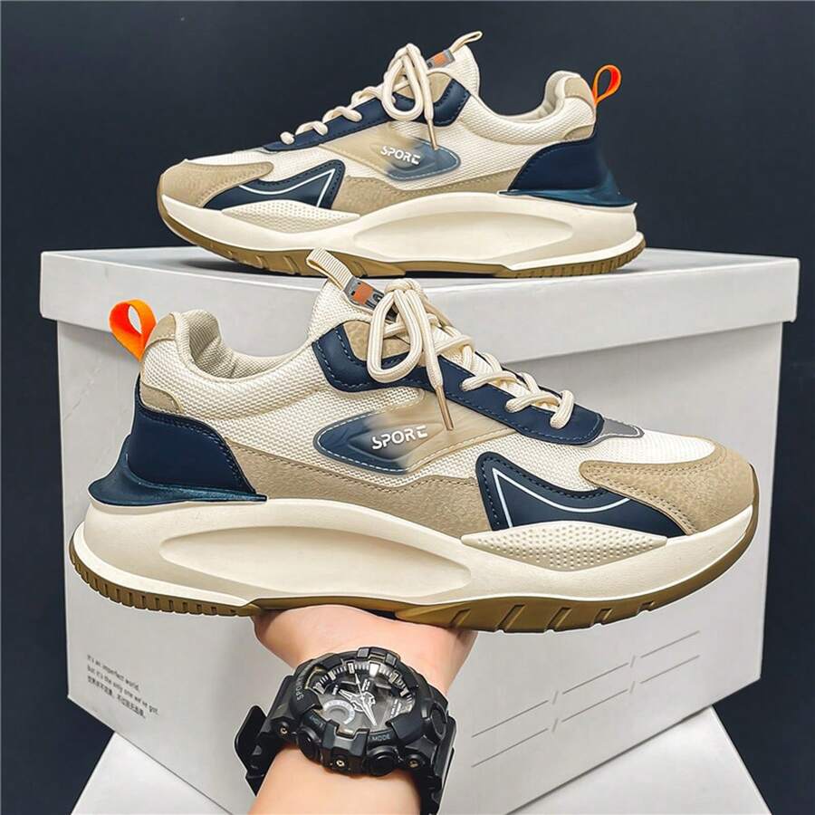 2023款男鞋秋季新款透氣網面時尚休閒運動鞋男士路跑厚底鞋 - 卡其色 - 查看 1