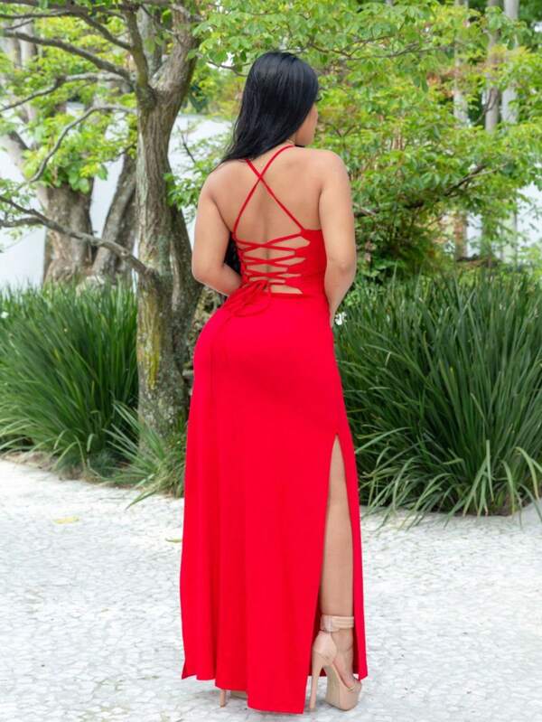 VESTIDO LONGO VERÃO,FENDAS,DETALHES NAS COSTAS,LISO COD0042