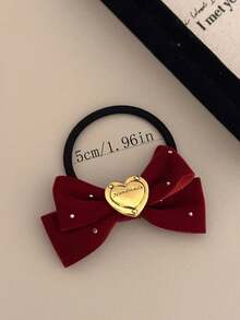 一個女士酒紅色高級金屬愛心蝴蝶結扎髮帶,復古絲絨頭帶,甜美可愛的雙馬尾裝飾,適合日常使用 - 酒紅色 - 查看 2
