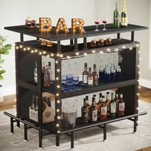 Tribesigns Home Bar Unit, L-Shaped Liquor Bar Table with Stemware Racks and 2-Tier Shelves, Corner Mini Bar Cabinet Coffee Bar Table with Footrest for Home/Kitchen/Bar/Pub, Bar Table