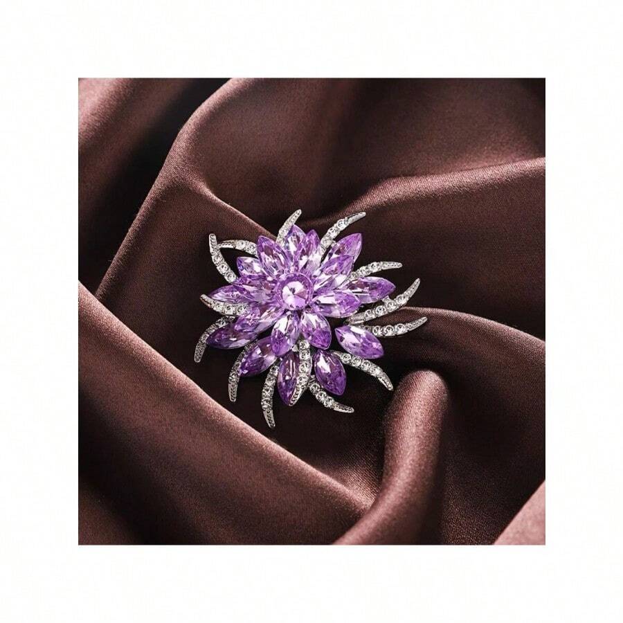 紫色水钻水晶花束花朵胸花围巾夹胸针别针女士女孩服装装饰 - 紫色 - 查看 1