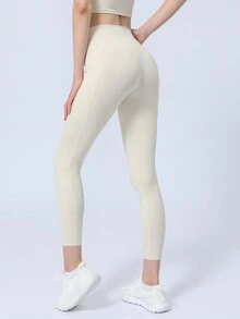 Sodalemon 女士修身運動緊身褲,可剪裁下擺,側邊口袋,平板運動/瑜珈腰帶 - 杏色 - 查看 6